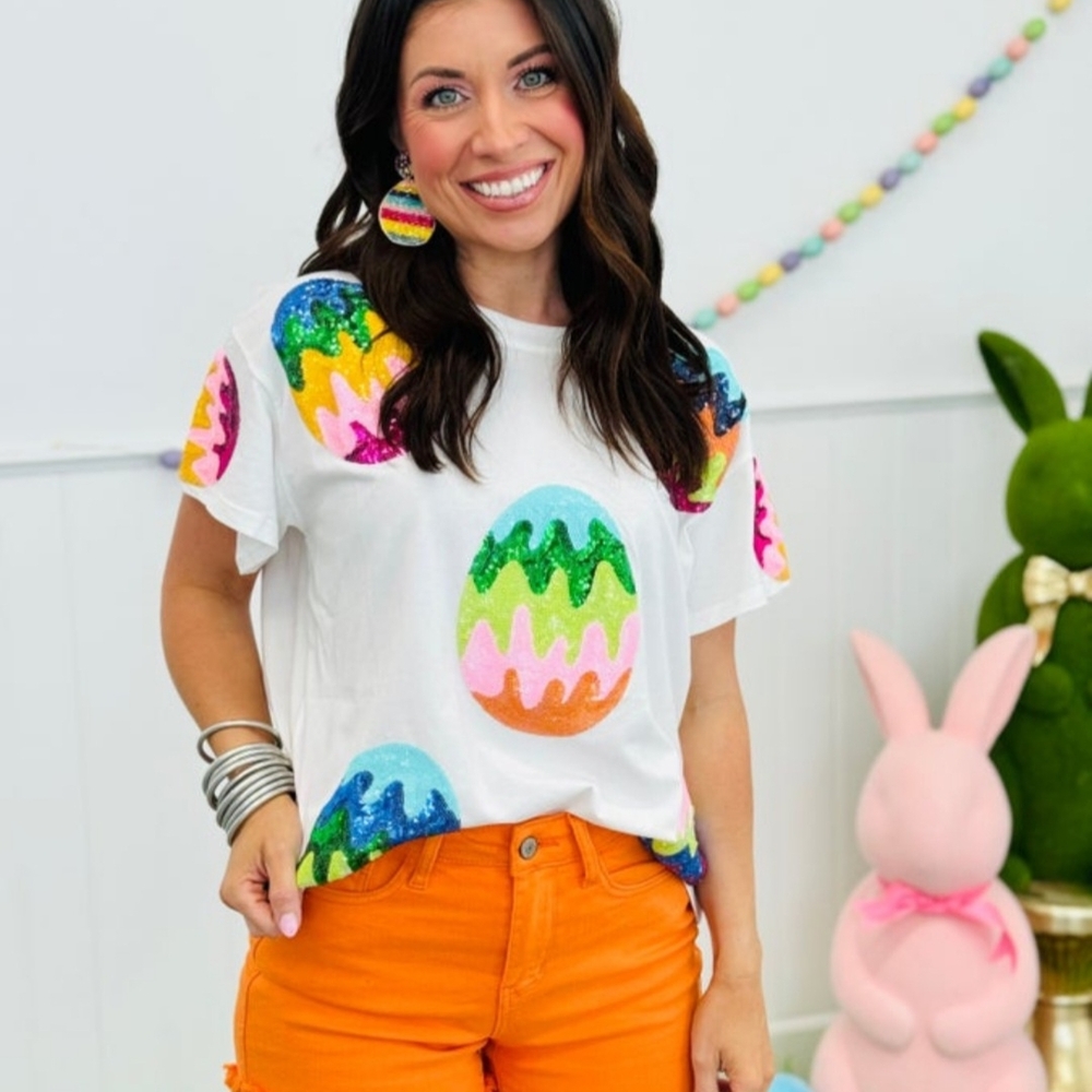 Queen Of Sparkles White Groovy Easter Egg Tee